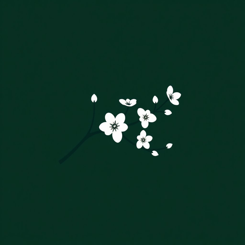 Elegant minimalist logo of a blooming branch, vector style, dark forest green color, transparent background