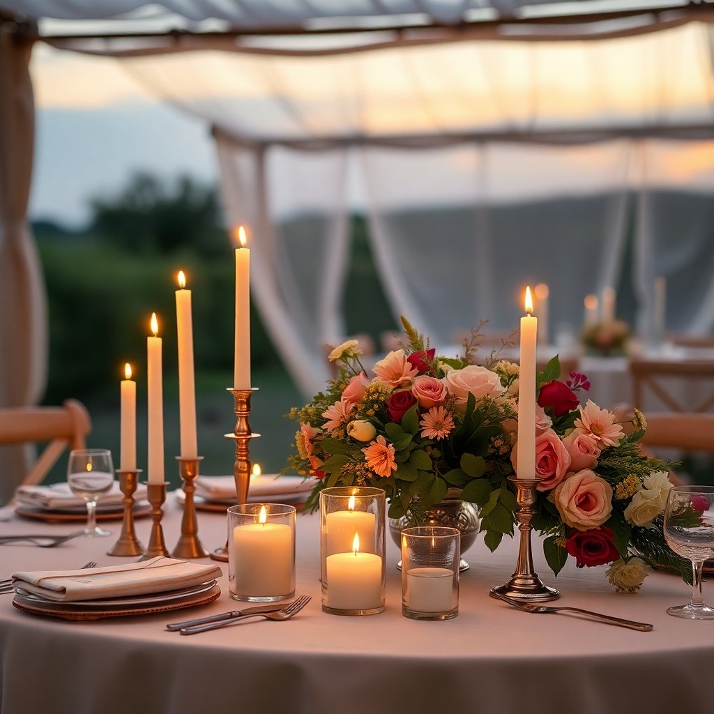 Wedding table decoration with candles and flowers, outdoor summer wedding, elegant bohemian style, soft sunset lighting