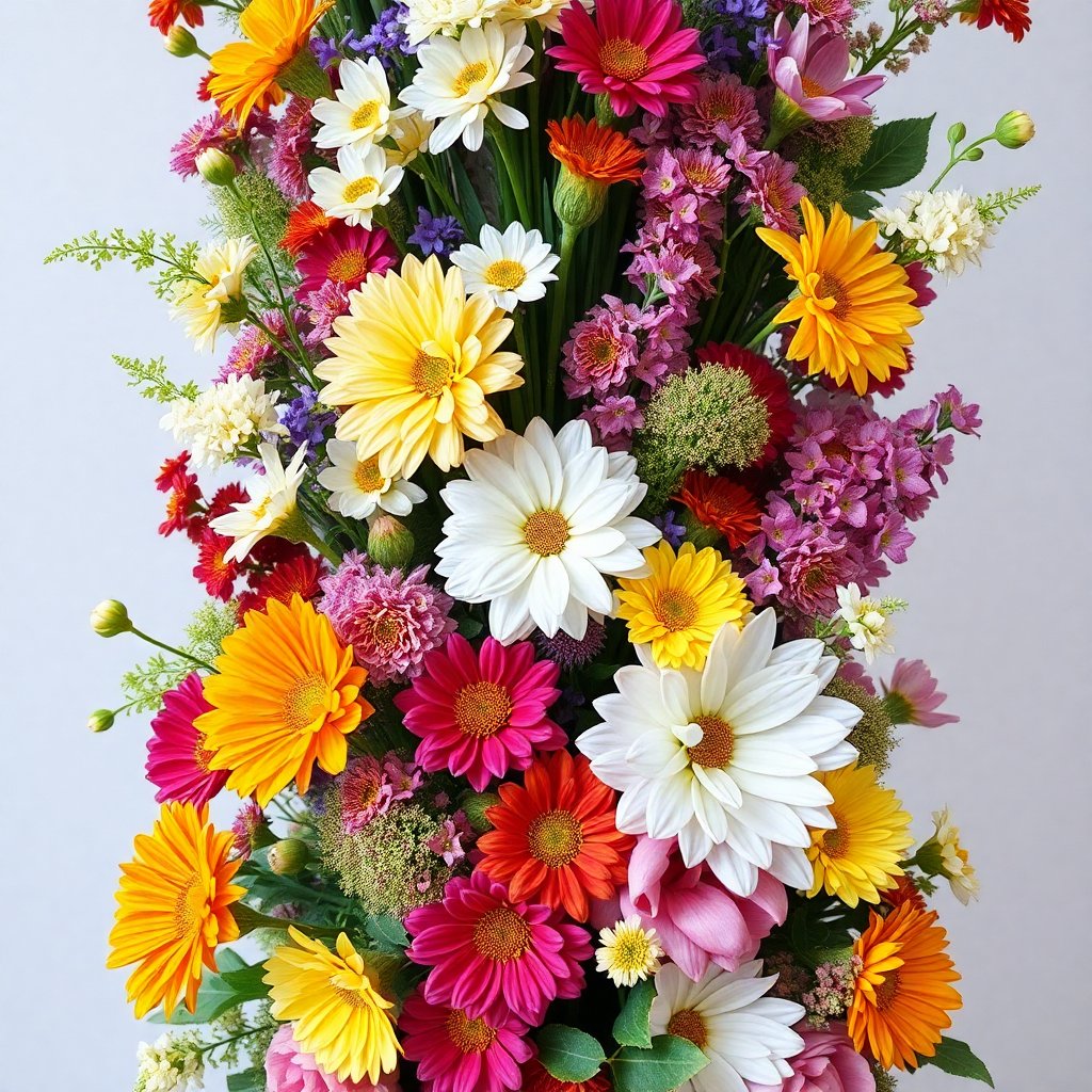 Stunning vertical floral arrangement, seasonal flowers, vibrant colors, aesthetic composition, instagram style photography, high quality