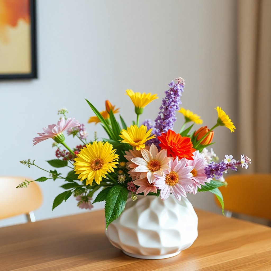 Modern table flower arrangement, vibrant colors, aesthetic composition, instagram style photography, high quality