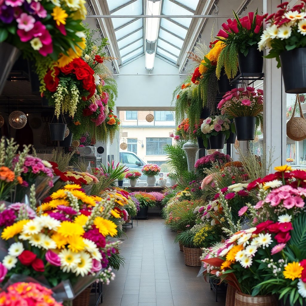 Vertical shot of a flower shop interior with many arrangements, vibrant colors, aesthetic composition, instagram style photography, high quality