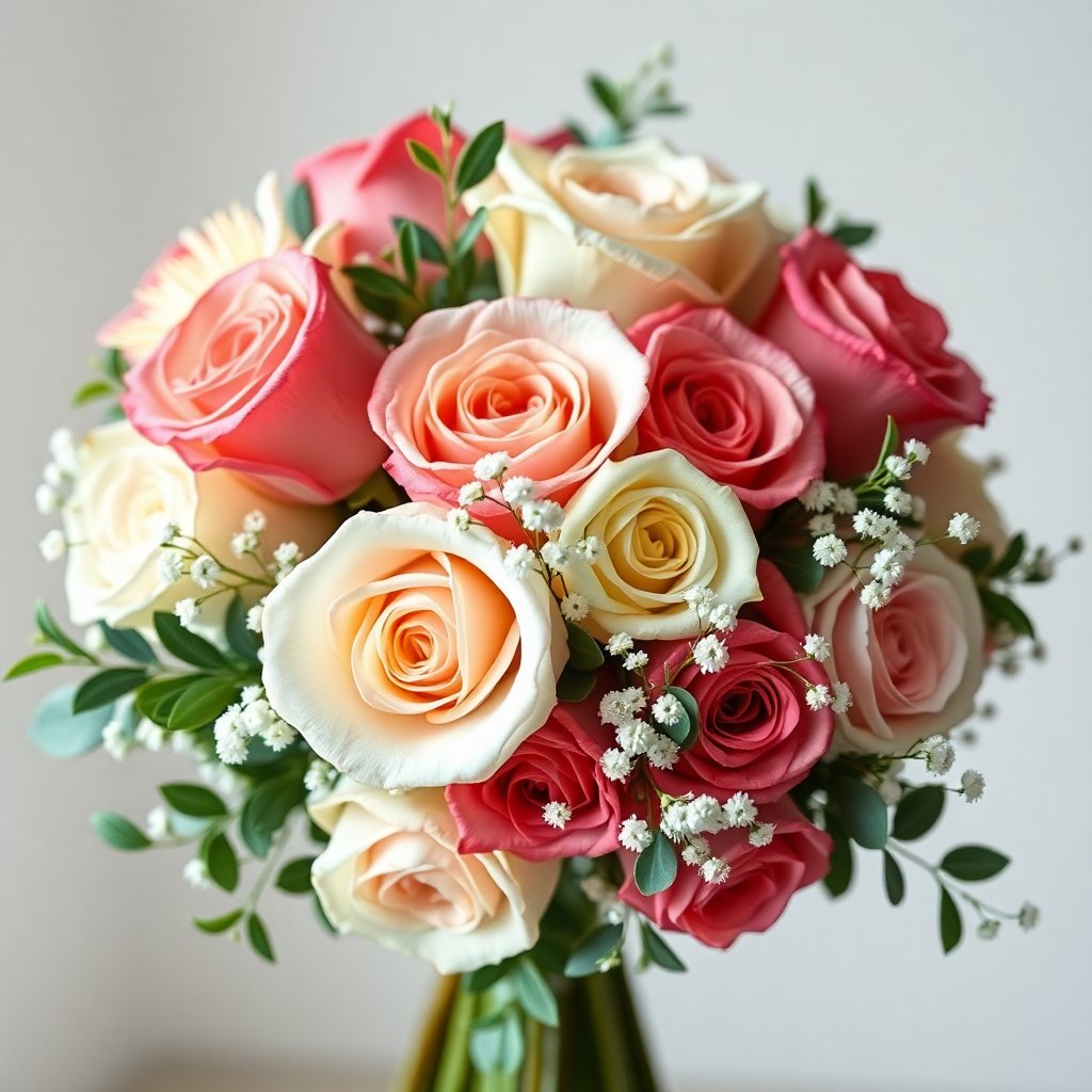 Romantic bouquet with roses, eucalyptus and gypsophila, florist photography, elegant