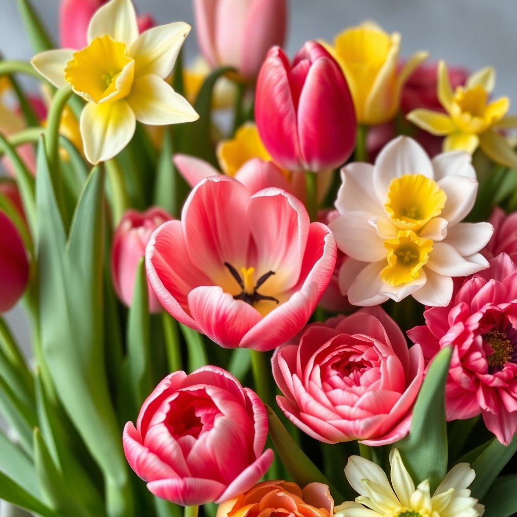 Close up of tulips, daffodils and ranunculus, florist photography, soft natural light