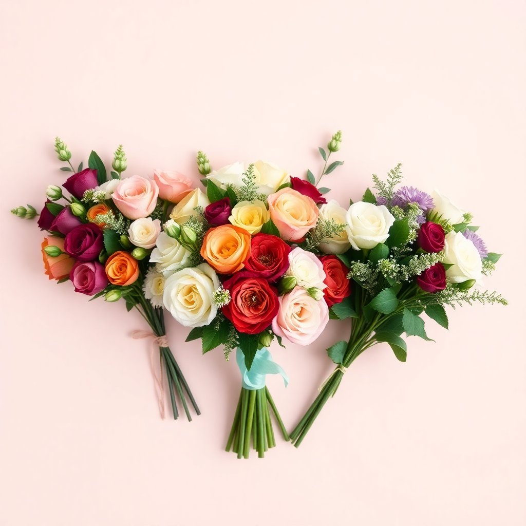 Selection of three different bouquets on a neutral background, professional product photography for a florist website, elegant and clean