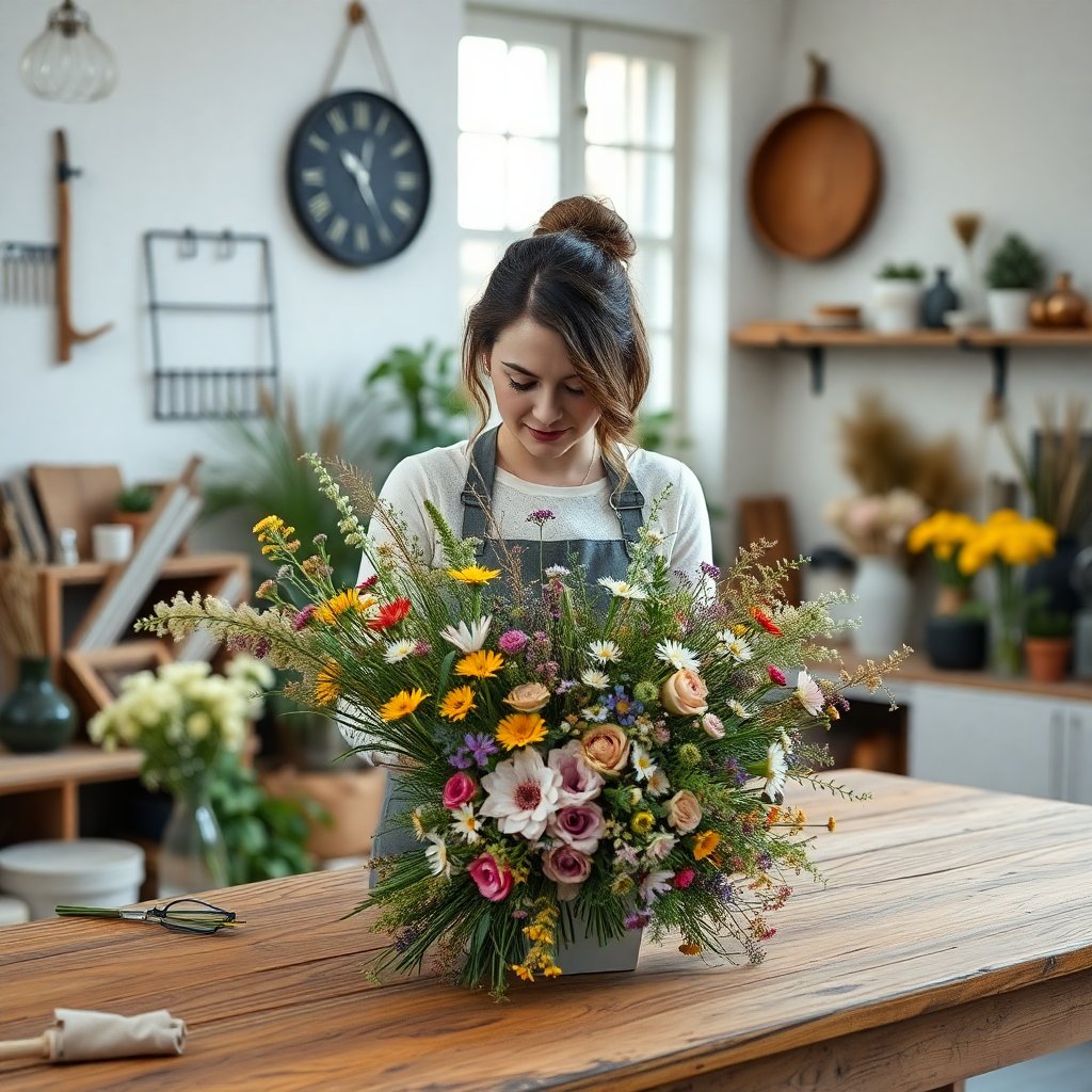 Professional female florist working in a stylish bright atelier, arranging a wild meadow style bouquet, wooden table, rustic walls, authentic atmosphere, photorealistic